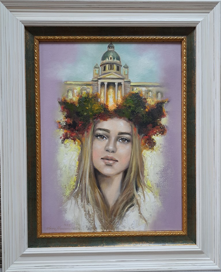 Beograđanka 4, ulje na platnu, luksuzno uramljena, sa 54×44 cm, bez 40×30 cm, sertifikat, Ivana Milenković, 18880 dinara