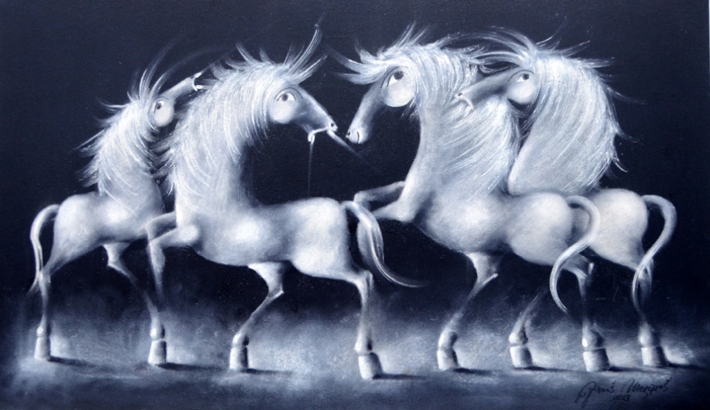 Crno bela igra, ulje na platnu, Janoš Mesaroš, sertifikat, 70×120 cm, 2023., 413000 dinara