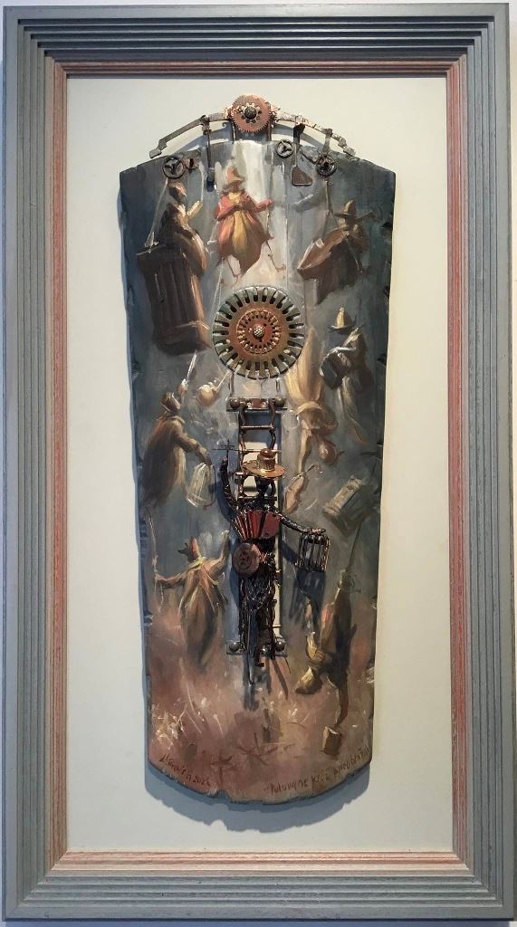 Putovanje kroz preobrazaj, Goran Mitrović, ulje na dasci aplikacije i figura od metala, bez rama 65×28 cm, sa ramom 81×45 cm, luksuzno uramljena, 2023., sertifikat, 147500 dinara