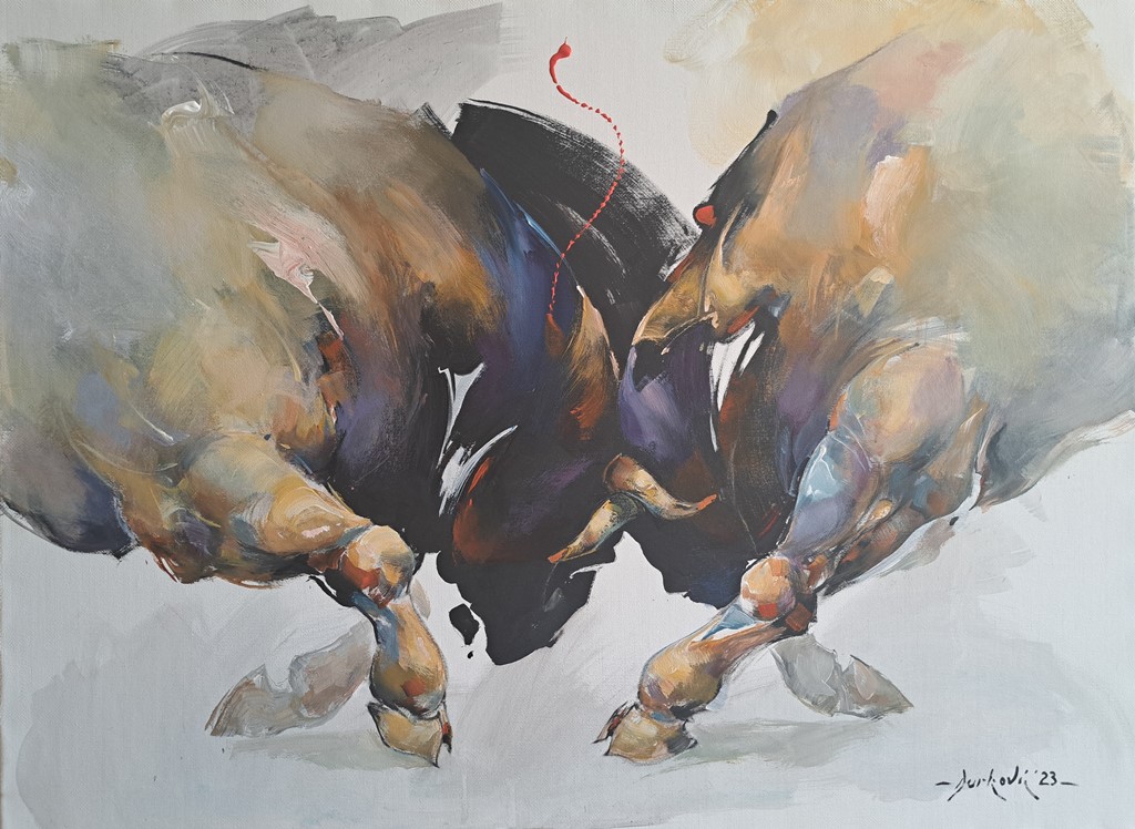Borba bikova, akril ulje na platnu od jute, Braca Đurković, 120×90 cm, sertifikat, 2023.god, 330400 dinara