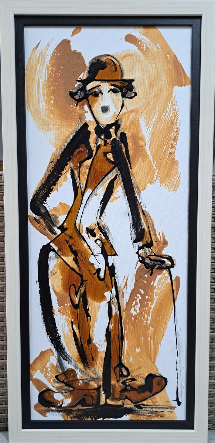 Čarli Čaplin 1, akril na platnu, sa 66×31 cm, bez 60×25 cm, akademski Dusan Rajšić, sertifikat, 15340 dinara