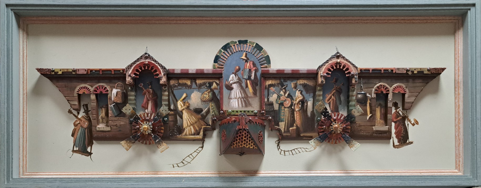 Lutanje sanjara, Goran Mitrović, objekat oslikan uljanom bojom, drvo, platno, metal, bez rama 35×94 cm, sa ramom 50×124 cm, luksuzno uramljena, 2023., sertifikat, 153400 dinara