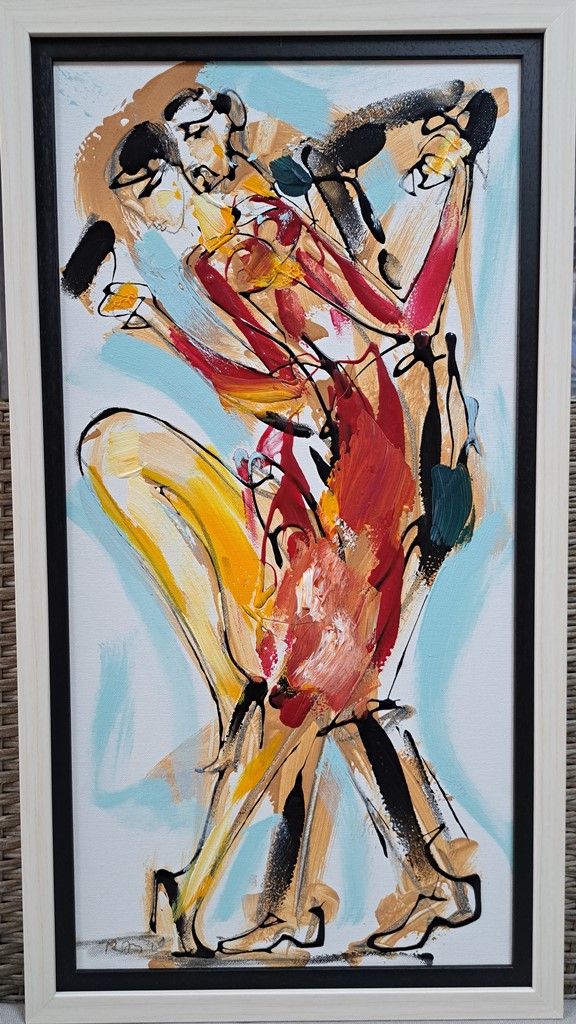 Plesači 4, akril na platnu, sa 66×36 cm, bez 60×30 cm, akademski Dusan Rajšić, sertifikat, 16520 dinara