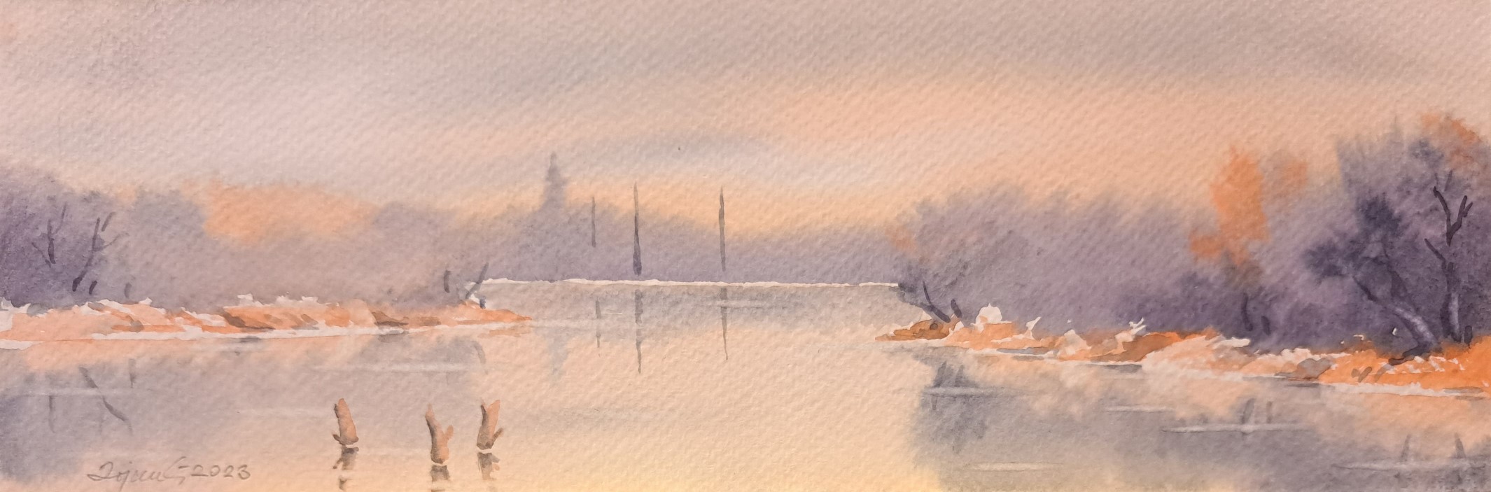 Pokraj reke 6, Predrag Dojkić, 10×30 cm, akvarel na papiru, sertifikat, 3540 dinara