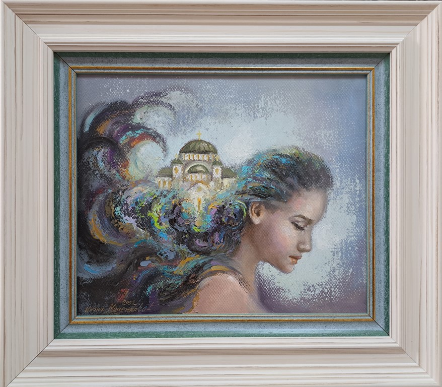 Beograđanka 1, ulje na platnu, luksuzno uramljena, sa 38×43 cm, bez 25×30 cm, sertifikat, Ivana Milenković, 11800 dinara