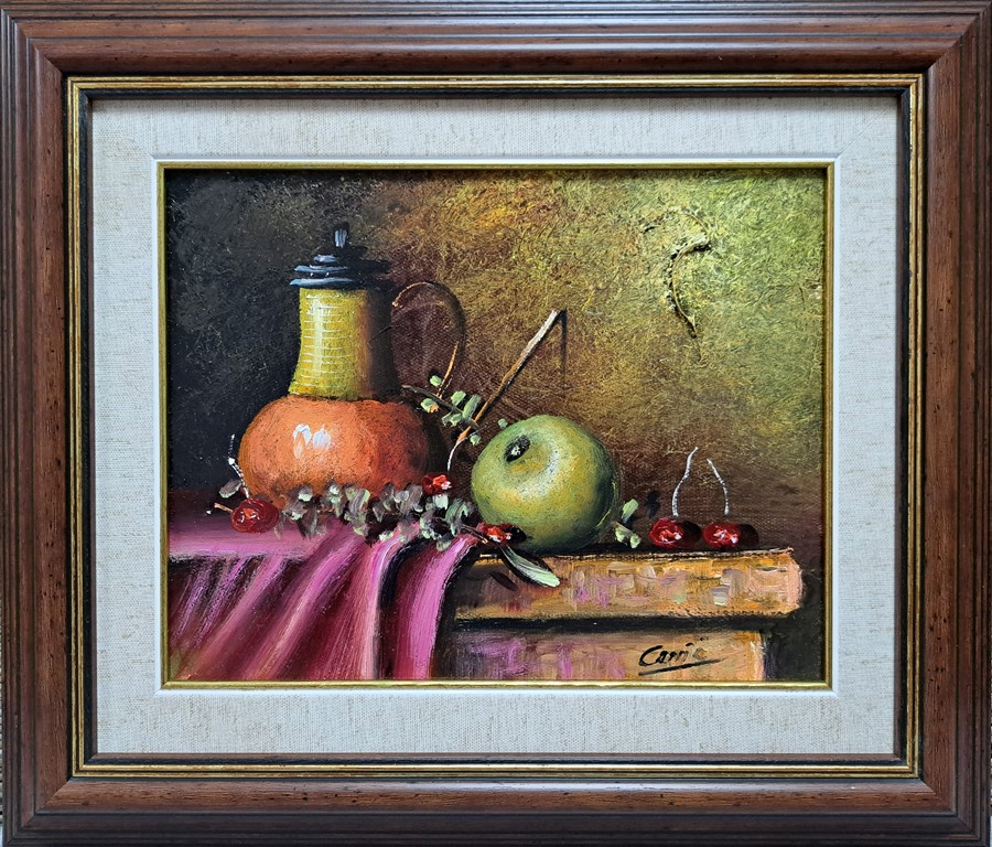 Mrtva priroda mala 8, Dragan Canic, ulje na platnu, sertifikat, luksuzno uramljena, sa 36×42 cm, bez 22×28 cm, 8260 dinara