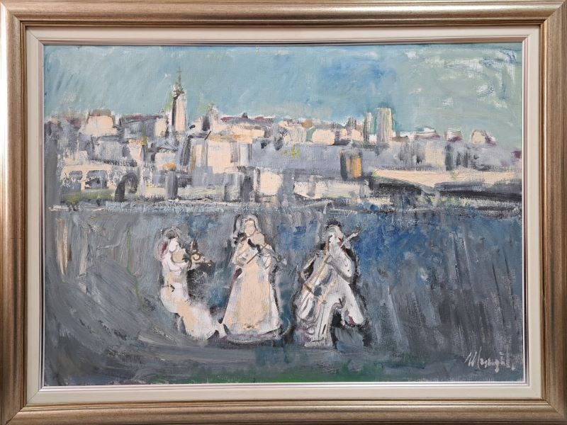 Tri muze, Zvonko Šindić, ulje na kartonu, luks uramljena, sa 62×82 cm, bez 49×69 cm, sertifikat, 34220 dinara