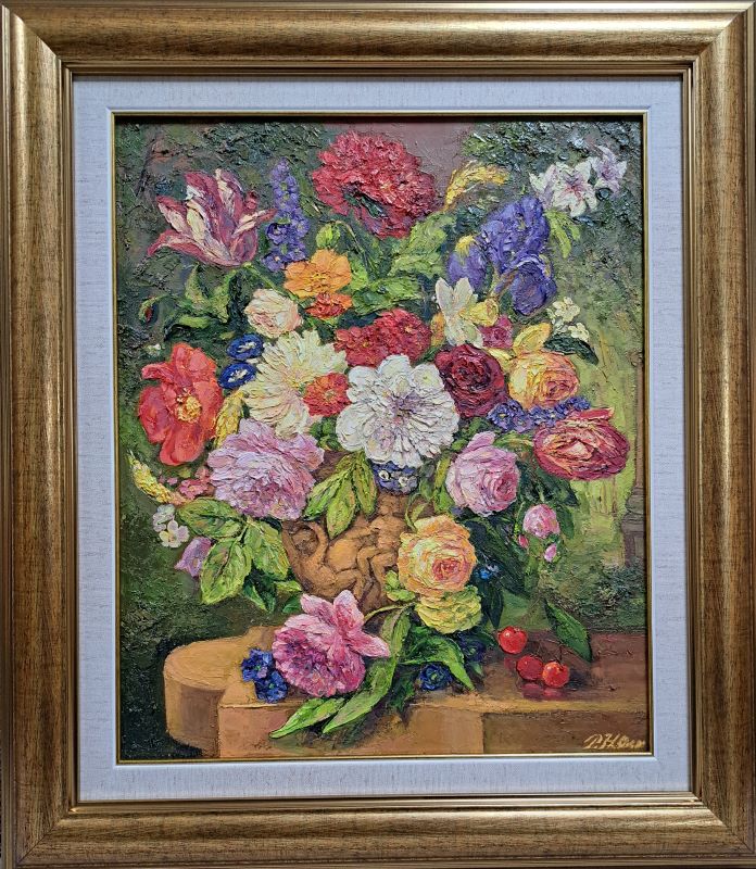 Vaza sa cvećem 2, Olja Nikonova, ulje na platnu, sa 62×54 cm, bez 46×38 cm, sertifikat, 35400 dinara