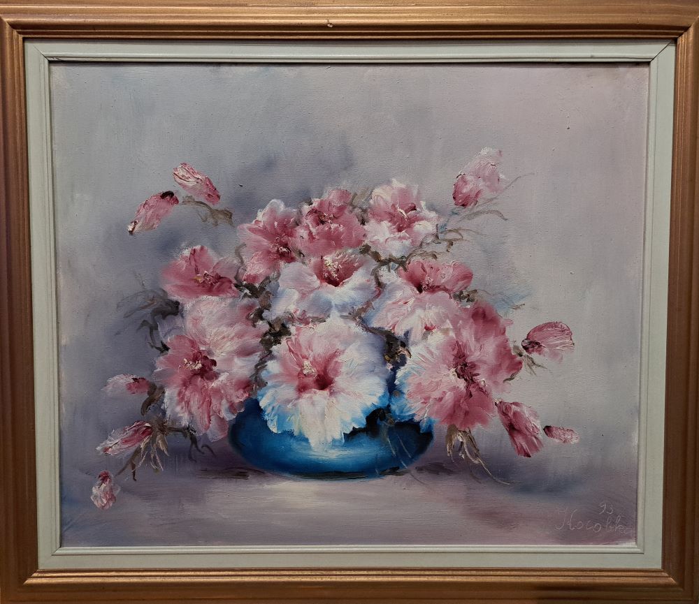 Vaza sa cvećem, Kosovka Marinković, ulje na platnu, 1993.god, sertifikat, sa 65×77 cm, bez 54×65 cm, 53100 dinara