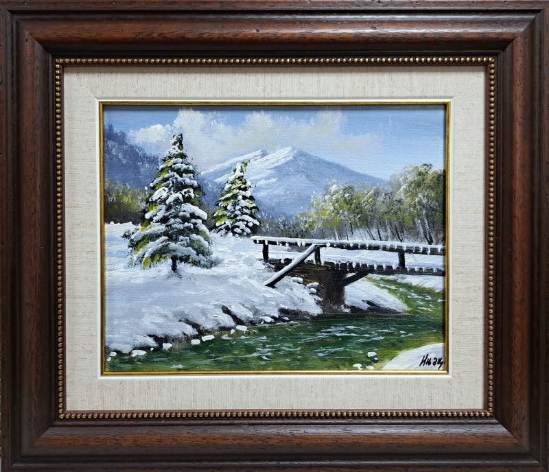 Zimska idila, Aleksandar Injac, ulje na platnu, luks uramljena, sa 38×44 cm, bez 22×28 cm, sertifikat, 10030 dinara