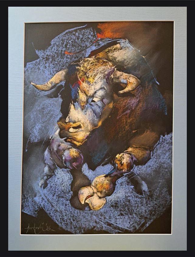 Divlji bik, pastel, sa 72×52 cm, bez 68×48 cm, sertifikat, Braca Đurković, 47200 dinara