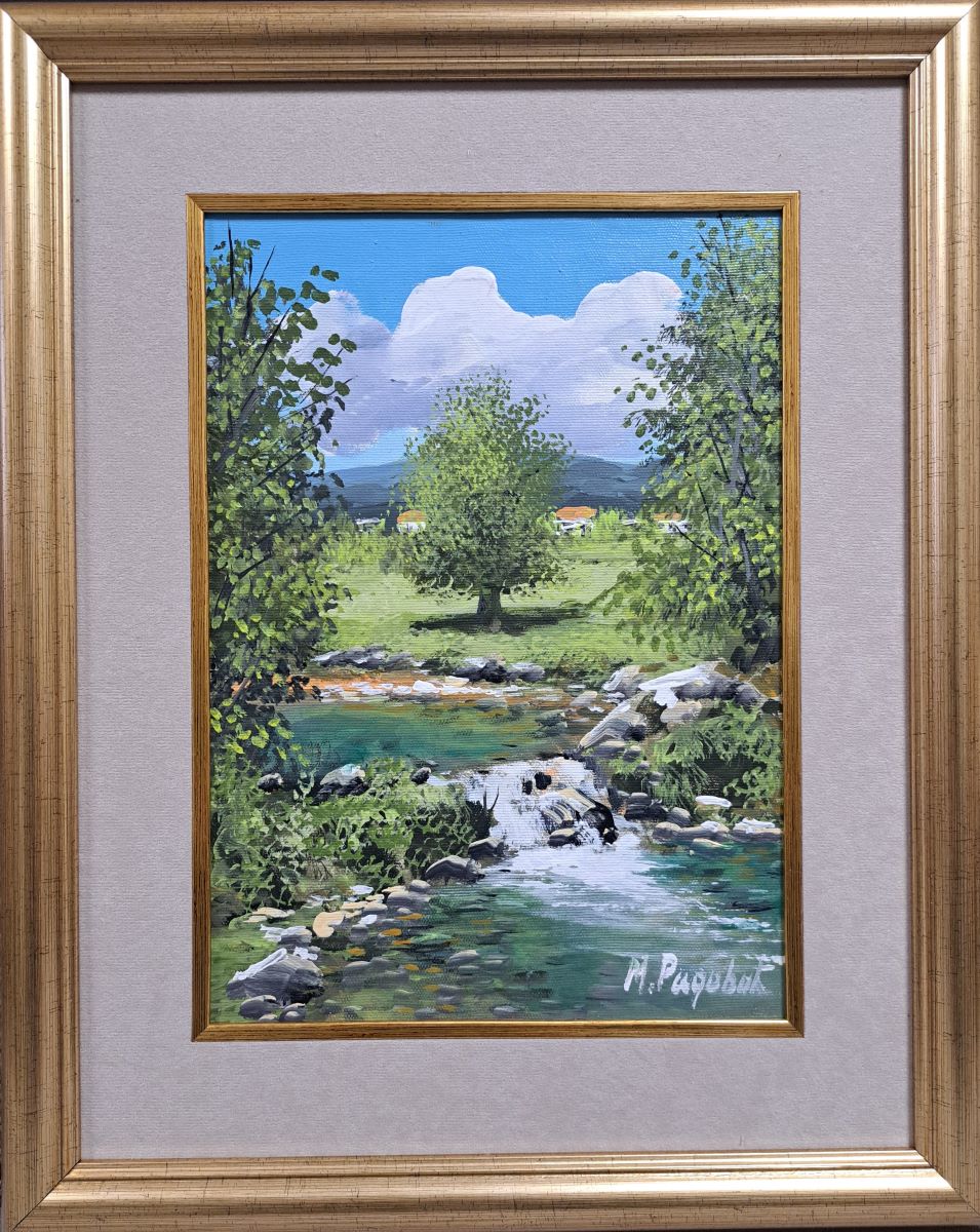 Potok 1, ulje na platnu, luksuzno uramljen, sa 53×43 cm, bez 35×25 cm, sertifikat, Miroslav Radović, 15340 dinara