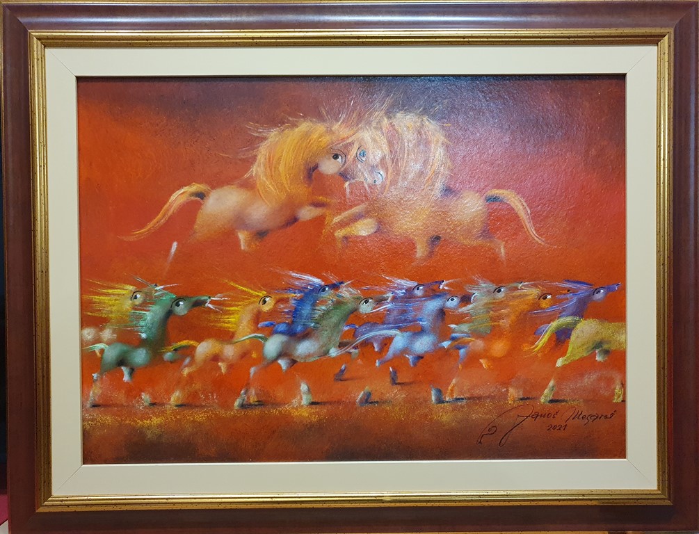 Trka, Janoš Mesaroš, kombinovana pastel ulje lak, sa 68×88 cm, bez 50×70 cm, sertifikat, 70800 dinara
