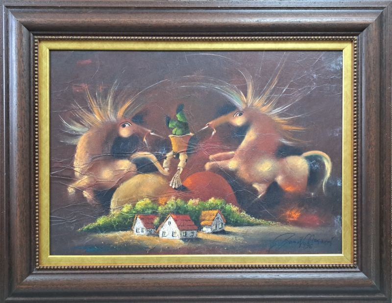 Balansero VII, Janoš Mesaroš, gužvana kombinovana tehnika lak pastel, luksuzno uramljen, sa 62×79 cm, bez 42×60 cm, 1996. , sertifikat, 153400 dinara