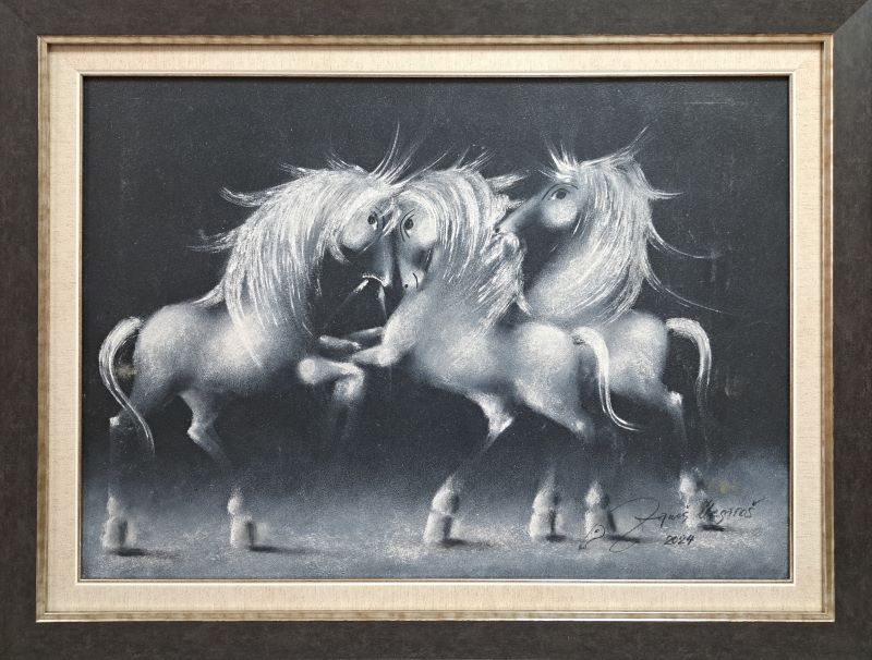 Crno bela rapsodija VII, Janoš Mesaroš, kombinovana pastel ulje lak, sa 63×83 cm, bez 50×70 cm, sertifikat, 70800 dinara