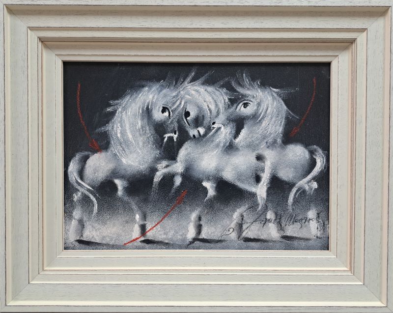 Crno beli svet VII, Janoš Mesaroš, kombinovana tehnika lak pastel, luksuzno uramljen, sa 40×50 cm, bez 25×35 cm, sertifikat, 29500 dinara