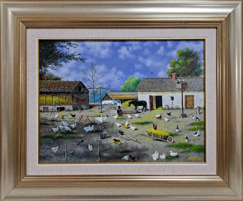 Seosko domaćinstvo, Ištvan Penzeš, ulje na lesonitu, sa 49×59 cm, bez 30×40 cm, sertifikat, 59000 dinara