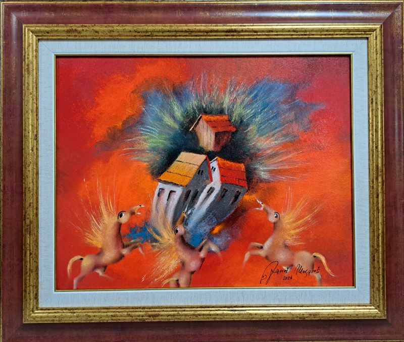 Vremeplov VIII, Janoš Mesaroš, kombinovana pastel ulje tehnika, luksuzno uramljena, sa ramom 55×65 cm, bez rama 40×50 cm, sertifikat, 57820 dinara