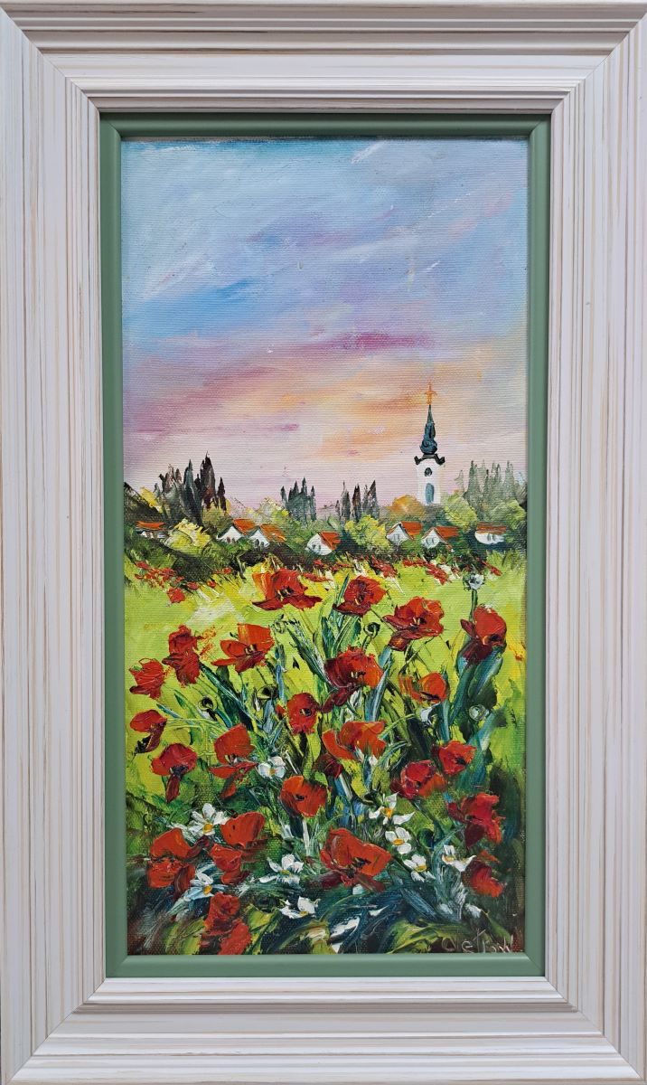 Cvetno polje 2, ulje na lesonitu, Vesna Cvetkov, sa 51×31 cm, bez 40×20 cm, uramljena,sertifikat, 11800 dinara