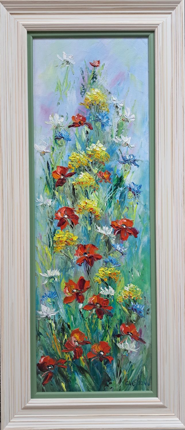 Cvetno polje 3, ulje na platnu, Vesna Cvetkov, sa 70×30 cm, bez 60×20 cm, uramljena,sertifikat, 17700 dinara