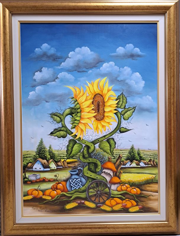 Suncokreti 1, Marija Hlavati, Naiva Kovačica, ulje na platnu, sa 86×66 cm, bez 70×50 cm, sertifikat, 82600 dinara