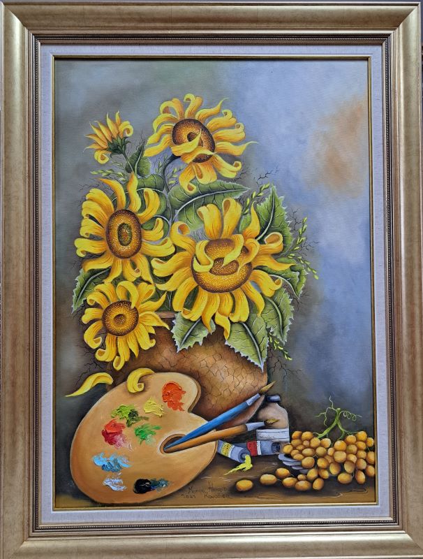 Suncokreti i paleta, Marija Hlavati, Naiva Kovačica, ulje na platnu, sa 86×66 cm, bez 70×50 cm, sertifikat, 82600 dinara