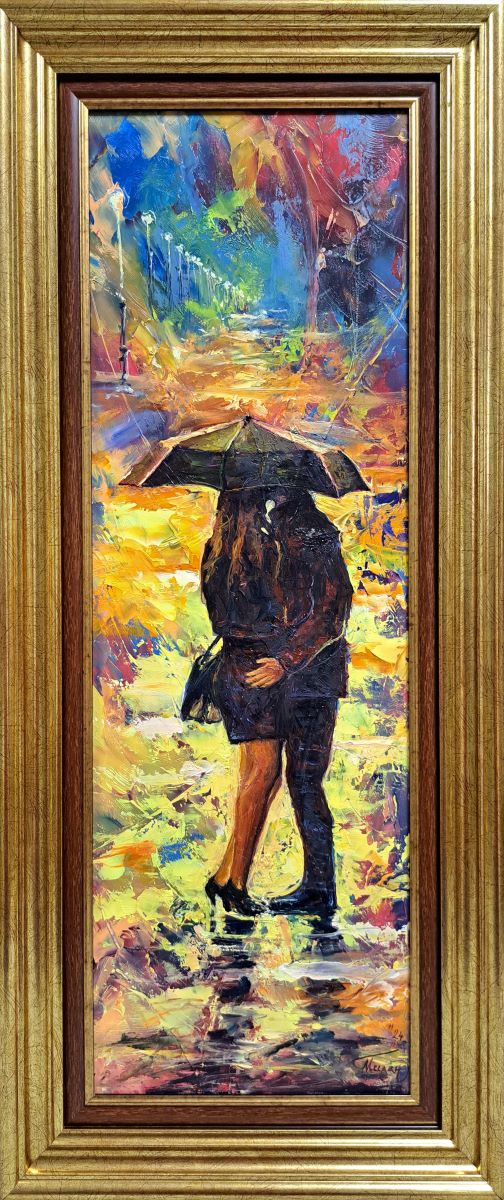 Ispod kišobrana, Milan Đurić, ulje na kartonu, luks uramljena, sa 70×30 cm, bez 60×20 cm, sertifikat, 18880 dinara