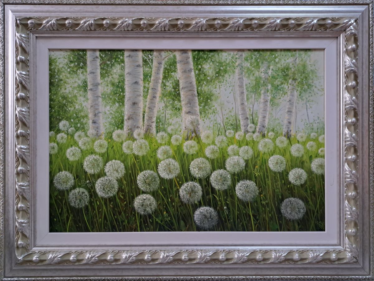 Maslačci i breze, Miljan Vasiljević, ulje na platnu, sa 61×81 cm, bez rama 40 X 60 cm, sertifikat, 56640 dinara