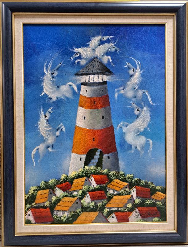 Svetionik IV, Janoš Mesaroš, kombinovana pastel ulje lak, sa 87×67 cm, bez 70×50 cm, sertifikat, 70800 dinara