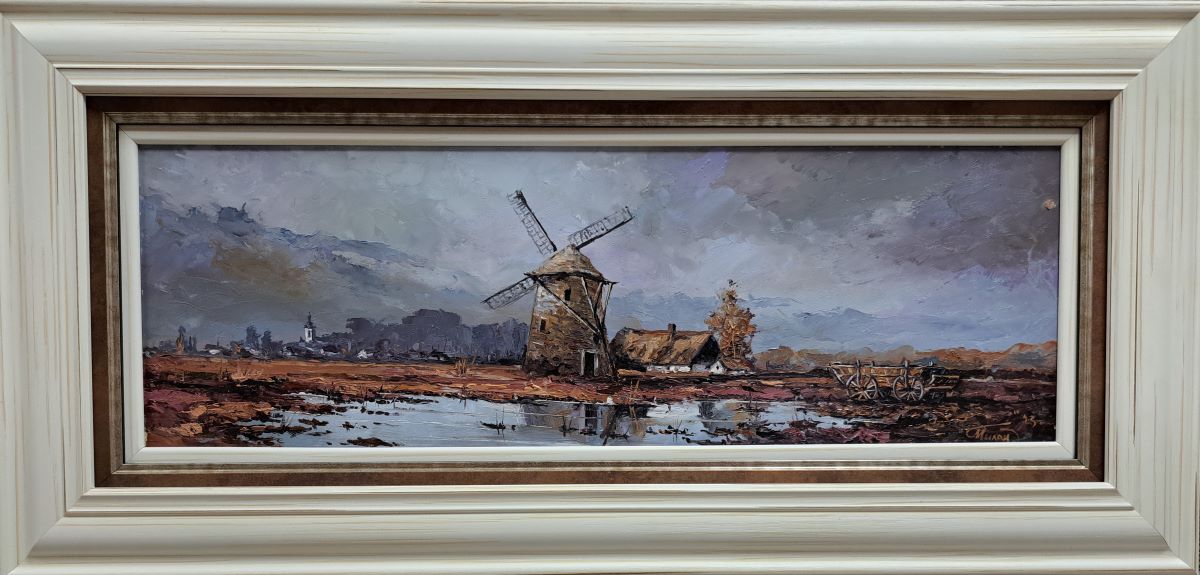 Vetrenjača, Milan Đurić, ulje na lesonitu, luks uramljena, sa 37×77 cm, bez 20×60 cm, sertifikat, 18880 dinara