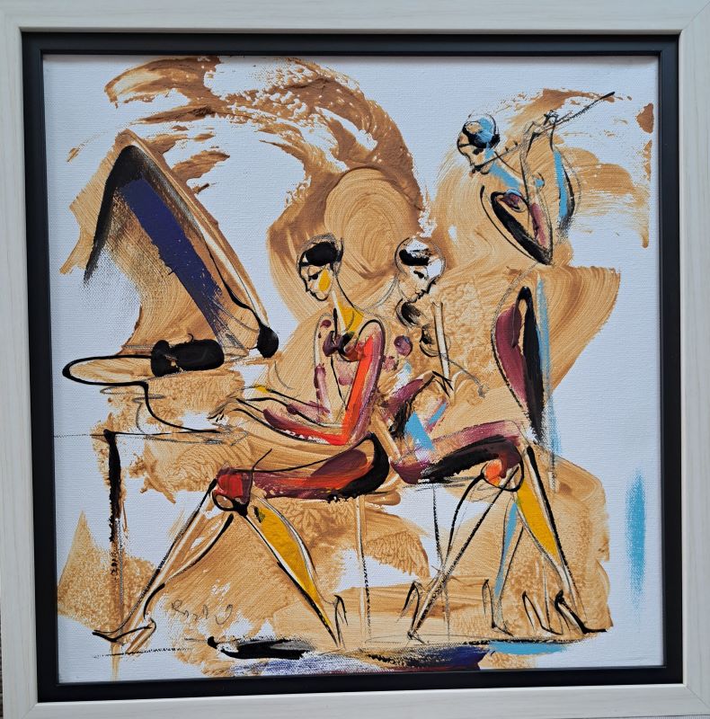 Trio muzicira 1, akril na platnu, sa 45×45 cm, bez 40×40 cm, akademski Dusan Rajsic, sertifikat, 14160 dinara