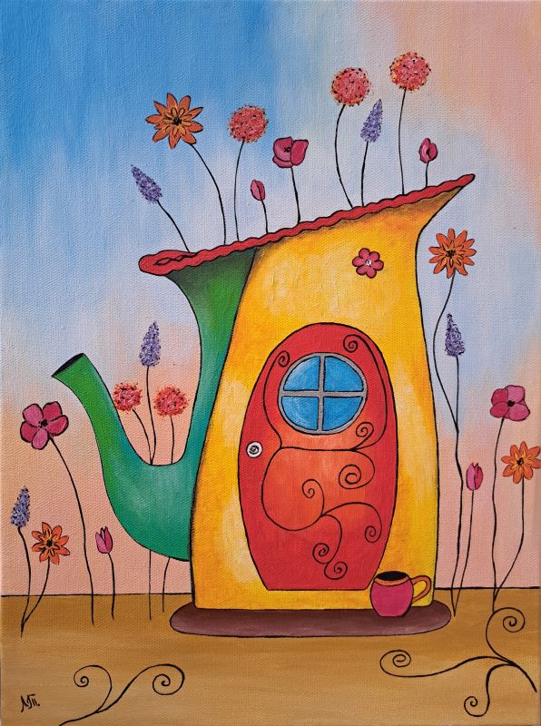 Čajnik sa cvećem, akril na platnu, Tijana L., 40×30 cm, sertifikat, 9440 dinara