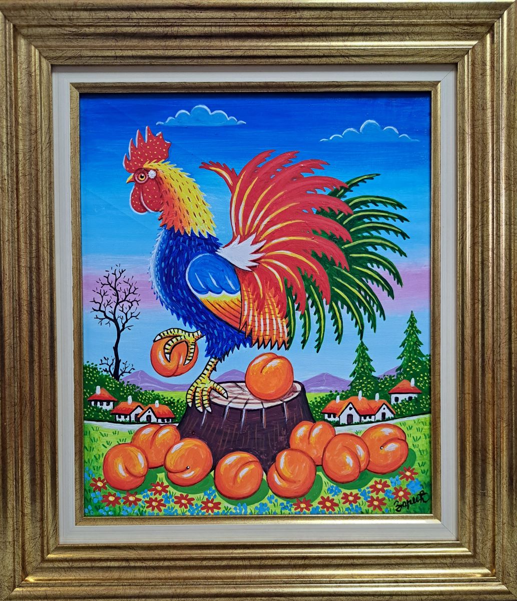 Petao na panju, Zoran Zarić, ulje na platnu, sa 41×36 cm, bez 30×25 cm, uramljena, sertifikat, 15930 dinara