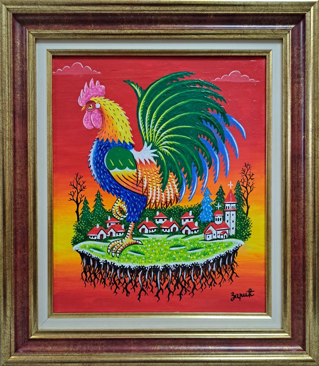 Petao nad selom, Zoran Zarić, ulje na platnu, sa 41×36 cm, bez 30×25 cm, uramljena, sertifikat, 15930 dinara