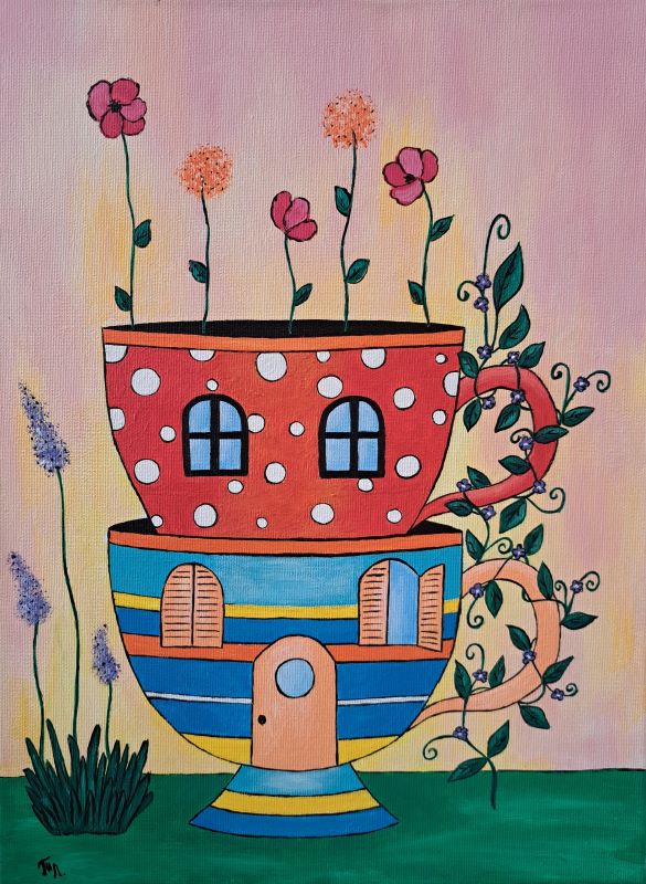 Šolje sa cvećem, akril na platnu, Tijana L., 40×30 cm, sertifikat, 9440 dinara