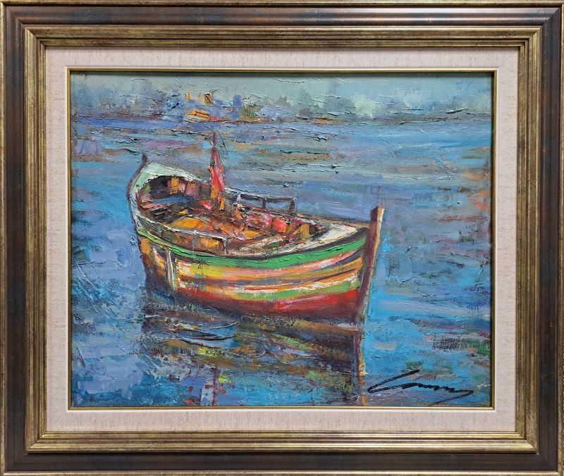 Barka na vodi, ulje na platnu, Ivan Vanja Milanovic, sa 56×66 cm, bez 40×50 cm, sertifikat, 17700 dinara