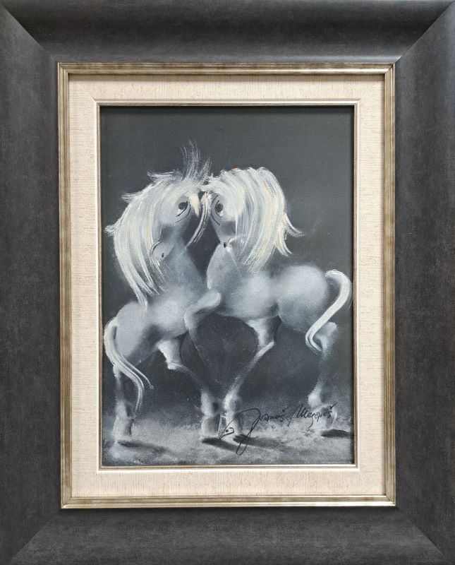 Crno bela rapsodija XVI, Janoš Mesaroš, pastel, luksuzno uramljen, sa 51×41 cm, bez 35×25 cm, sertifikat, 23600 dinara