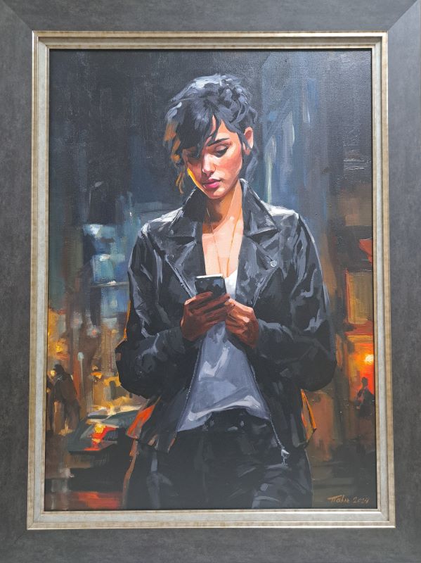 Devojka sa mobilnim 1, Dragan Petrović Pavle, ulje na platnu, sa 106×80 cm, bez 90×65 cm, sertifikat, 82600 dinara