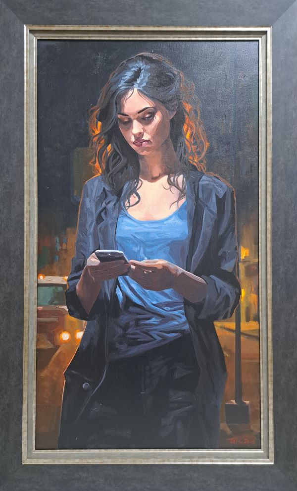 Devojka sa mobilnim 2, Dragan Petrović Pavle, ulje na platnu, sa 116×71 cm, bez 100×55 cm, sertifikat, 82600 dinara