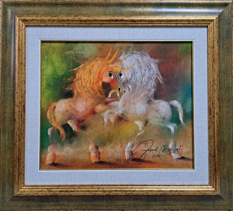 Gužvana ljubav XV, Janoš Mesaroš, gužvana kombinovana pastel ulje tehnika, luksuzno uramljena, sa ramom 53×59 cm, bez rama 32×38 cm, sertifikat, 70800 dinara