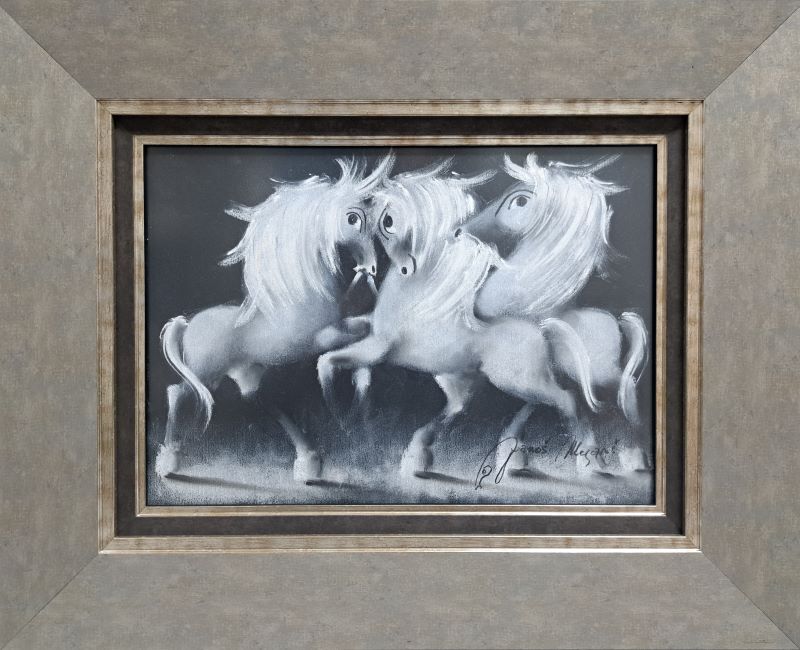 Igrali se konji XVI, Janoš Mesaroš, pastel, luksuzno uramljen, sa 42×52 cm, bez 25×35 cm, sertifikat, 23600 dinara