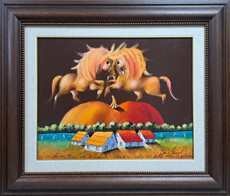 Srem XV, Janoš Mesaroš, kombinovana pastel ulje tehnika, luksuzno uramljena, sa ramom 63×73 cm, bez rama 40×50 cm, sertifikat, 56640 dinara