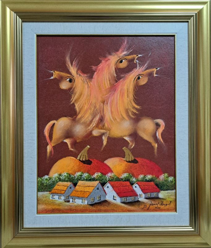 Trio fantastiko XV, Janoš Mesaroš, kombinovana pastel ulje tehnika, luksuzno uramljena, sa ramom 70×60 cm, bez rama 50×40 cm, sertifikat, 56640 dinara