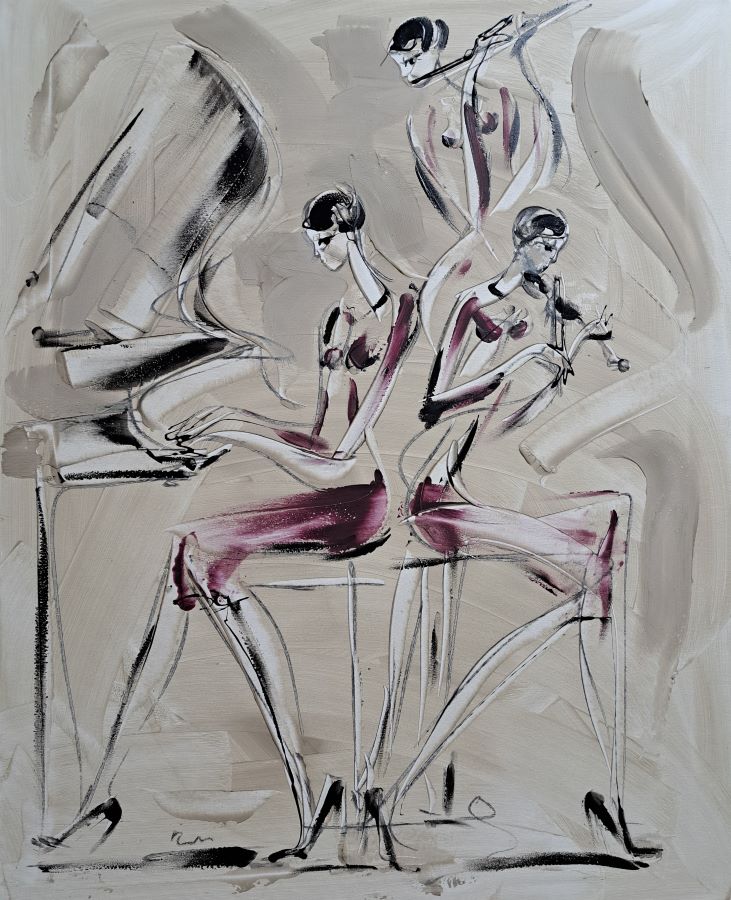 Trio muzicira 1, akril na platnu, 100×80 cm, akademski Dušan Rajšić, sertifikat, 64900 dinara