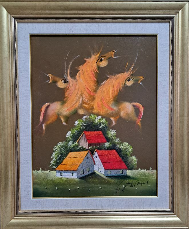 U tem Somboru XV, Janoš Mesaroš, kombinovana pastel ulje tehnika, luksuzno uramljena, sa ramom 67×57 cm, bez rama 50×40 cm, sertifikat, 56640 dinara