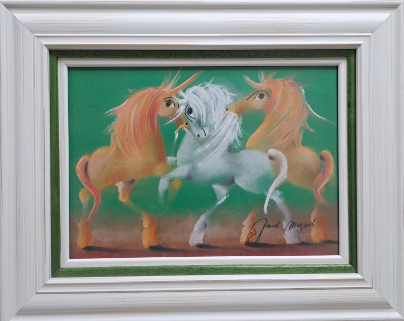 Zeleno XVI, Janoš Mesaroš, pastel, luksuzno uramljen, sa 40×50 cm, bez 25×35 cm, sertifikat, 23600 dinara