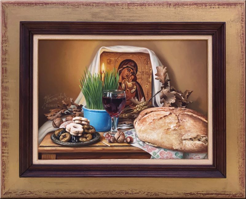 Božić, Jovica Tomašević, ulje na platnu kaširano na šperu, sa 43×54 cm, bez 26×37 cm, sertifikat, 35400 dinara