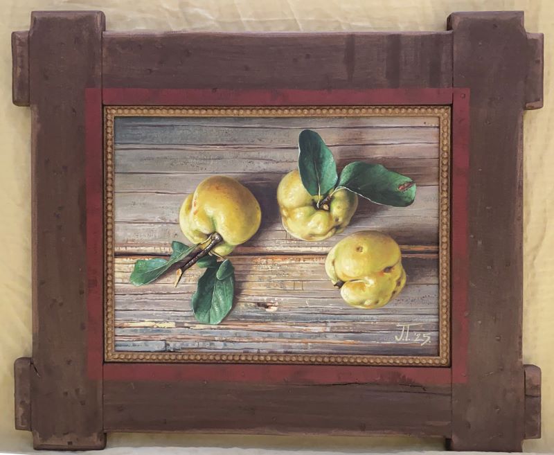 Dunje na dasci, Jovica Tomašević, ulje na platnu kaširano na šperu, sa 47×56 cm, bez 26×35 cm, sertifikat, 35400 dinara