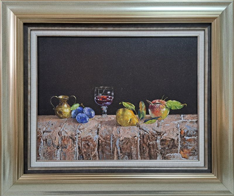 Kompozicija sa čašom, Milan Miletić, sa 55×65 cm, bez 35×45 cm, ulje na platnu, sertifikat, 2024., 123900 dinara