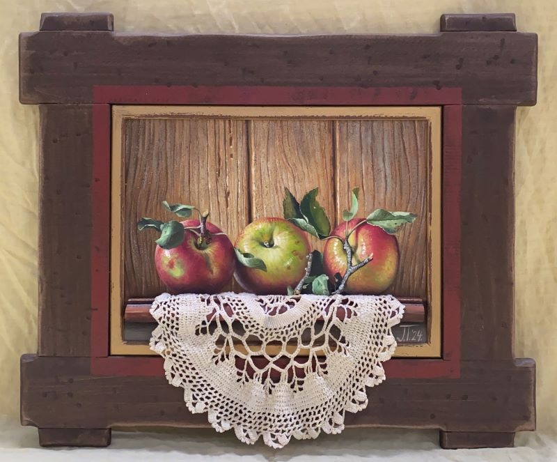 Tri jabuke, Jovica Tomašević, ulje na platnu kaširano na šperu, sa 41×50 cm, bez 22x30cm, sertifikat, 23600 dinara